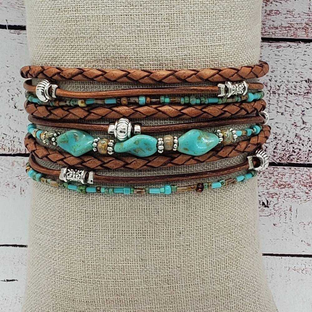 NWOT Handmade Brown Leather Wrap Bracelet with Turquoise accents, customizable